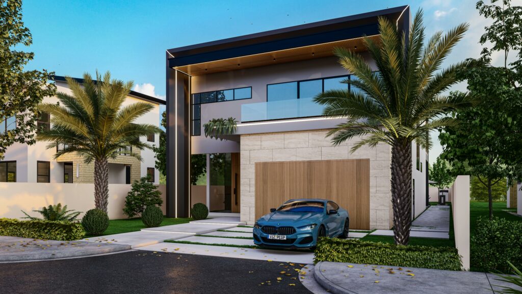 Contemporary house exterior with blue luxury car, palm trees, and clear sky.